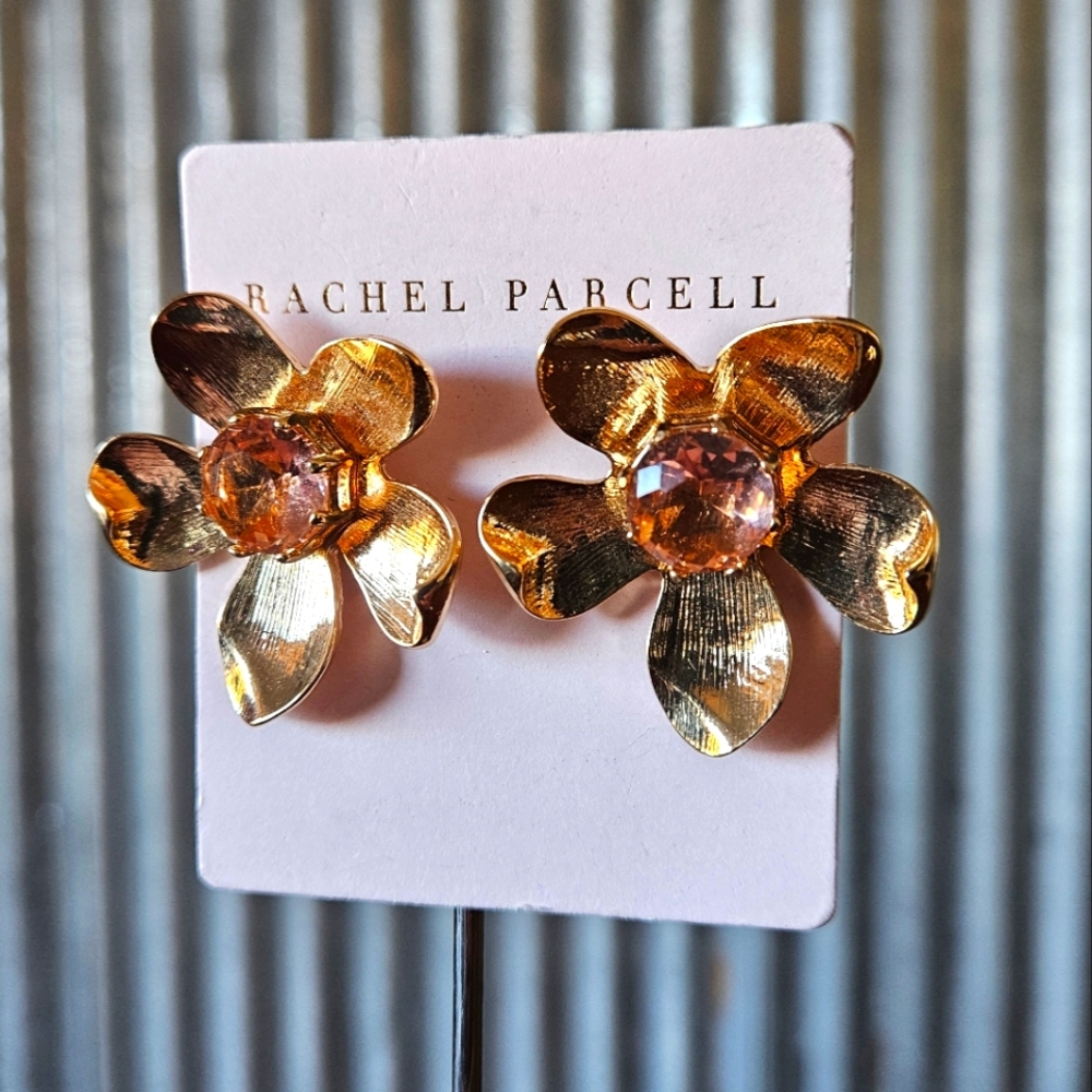NWT Rachel Parcell Flower Statement Post Earrings Gold/Pink